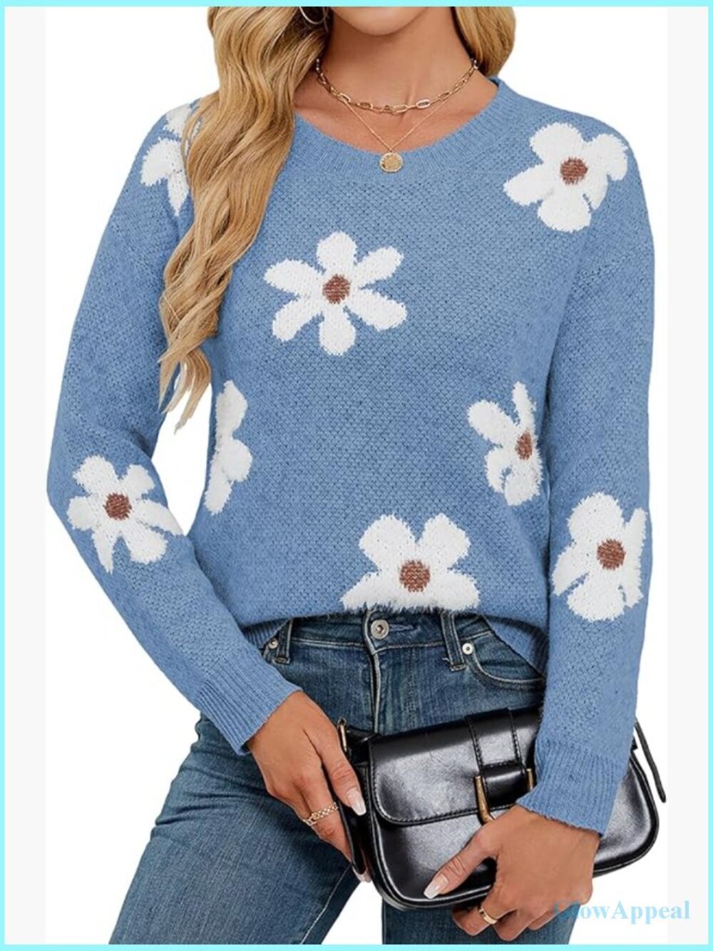 Oversized Cute Flower Sweater Fuzzy Knit Crew Neck Long Sleeve Pullover Top